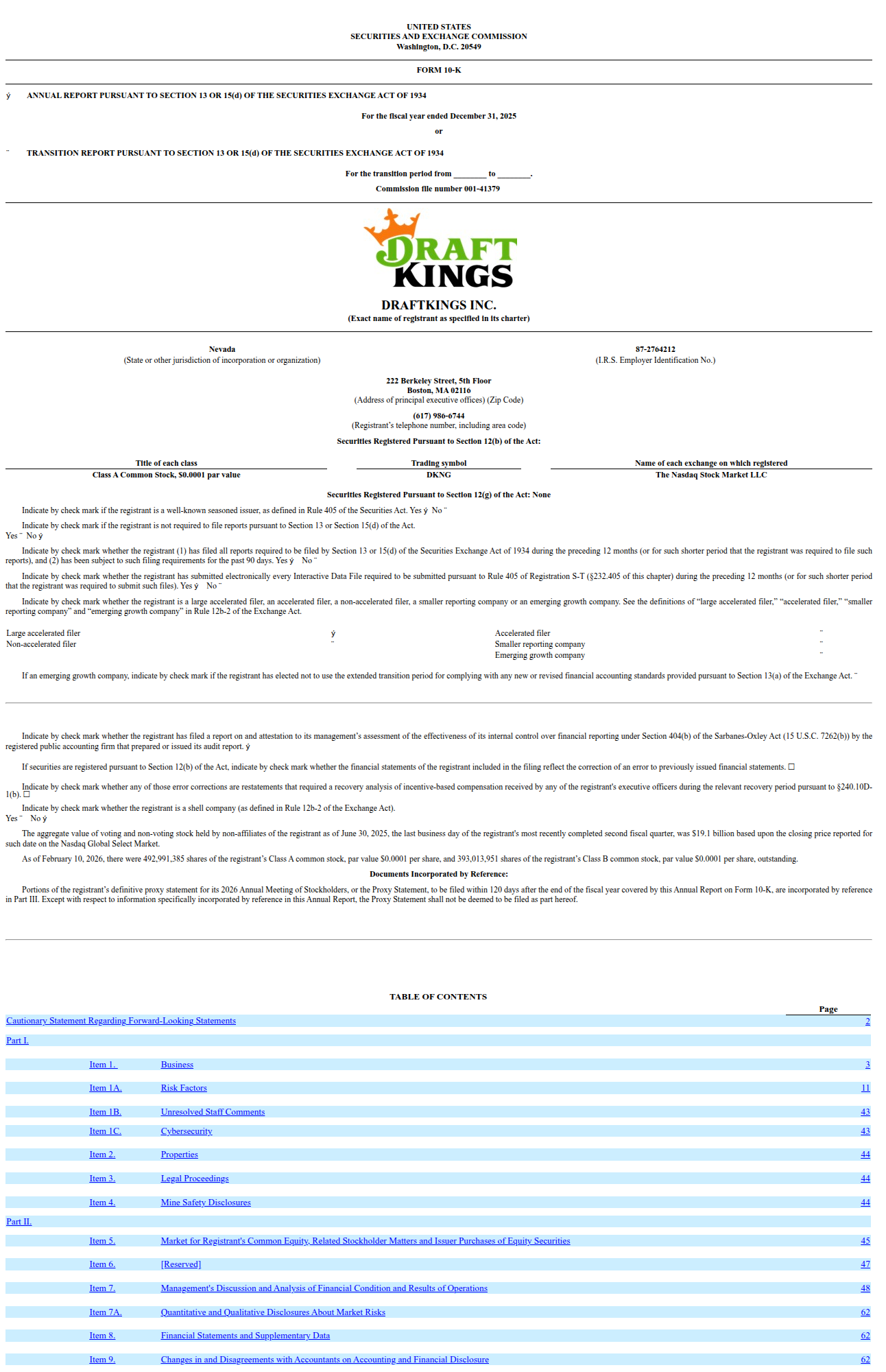 DraftKings FY2025 Form 10-K - SEC EDGAR cover page