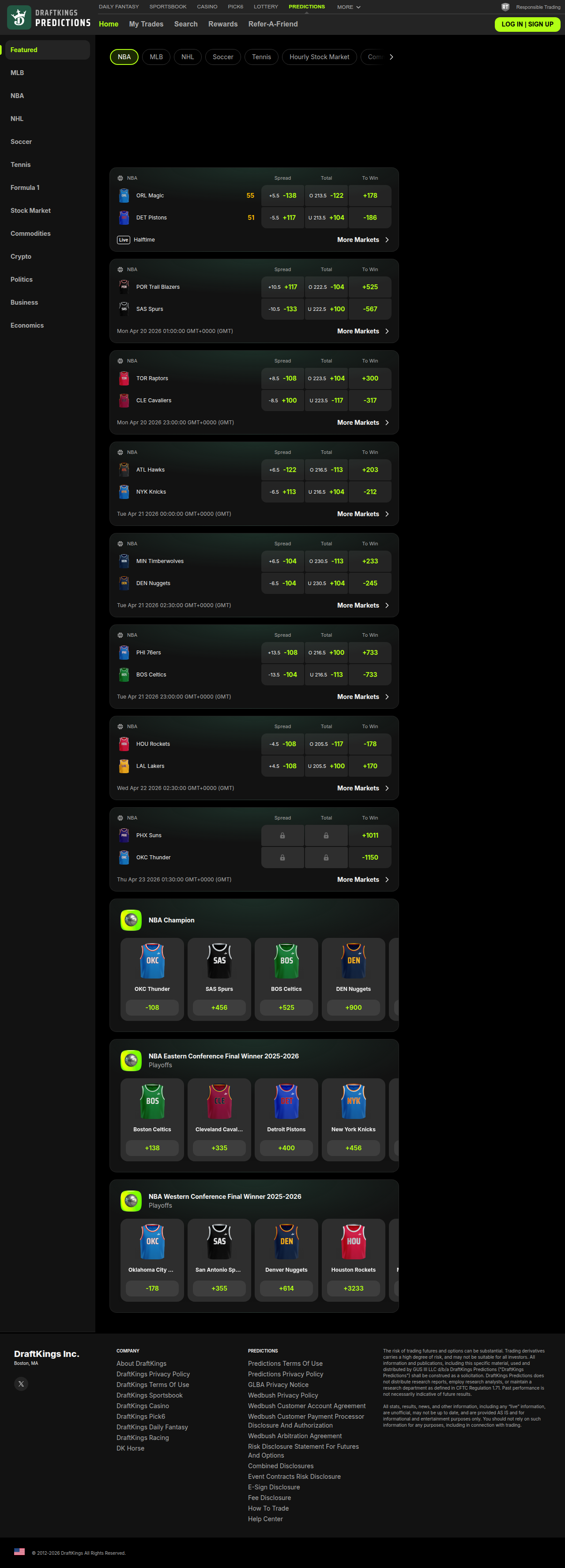 DK Predictions live webapp - Featured markets grid with Yes/No contract pricing