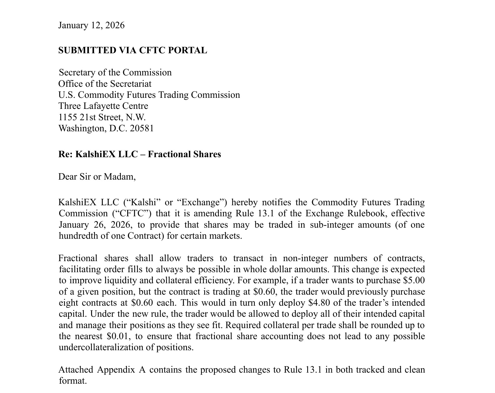 Kalshi Rule 13.1 CFTC Filing Jan 12 2026