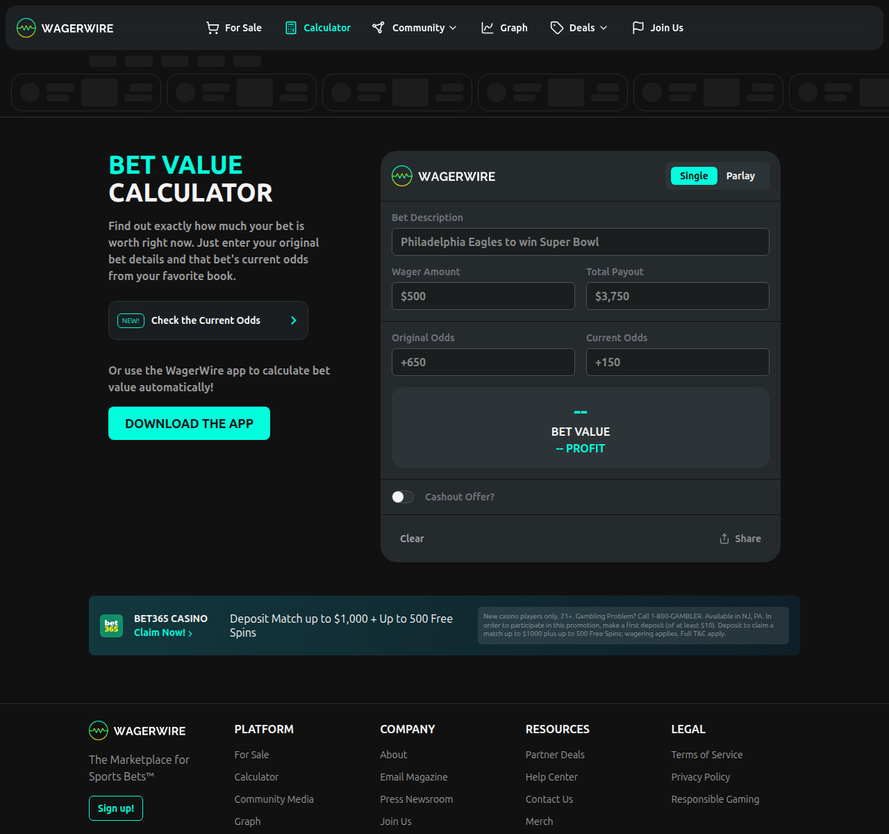 wagerwire.com/calculator live UI — Original Odds / Current Odds input fields